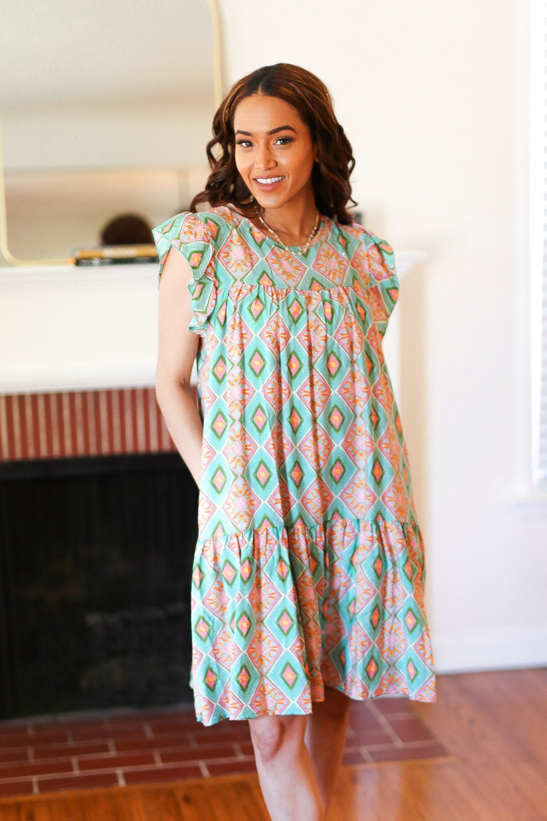 Mint Geo Boho Print Yoke Poplin Woven Dress | Nikki &amp; Co. Boutique