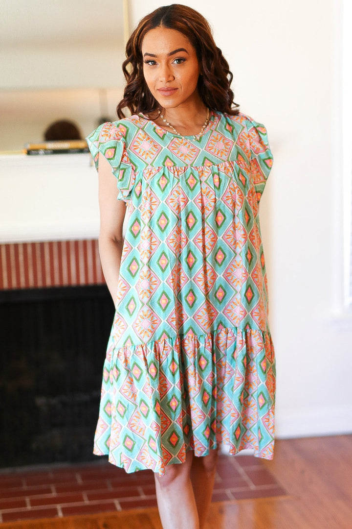 Mint Geo Boho Print Yoke Poplin Woven Dress | Nikki &amp; Co. Boutique