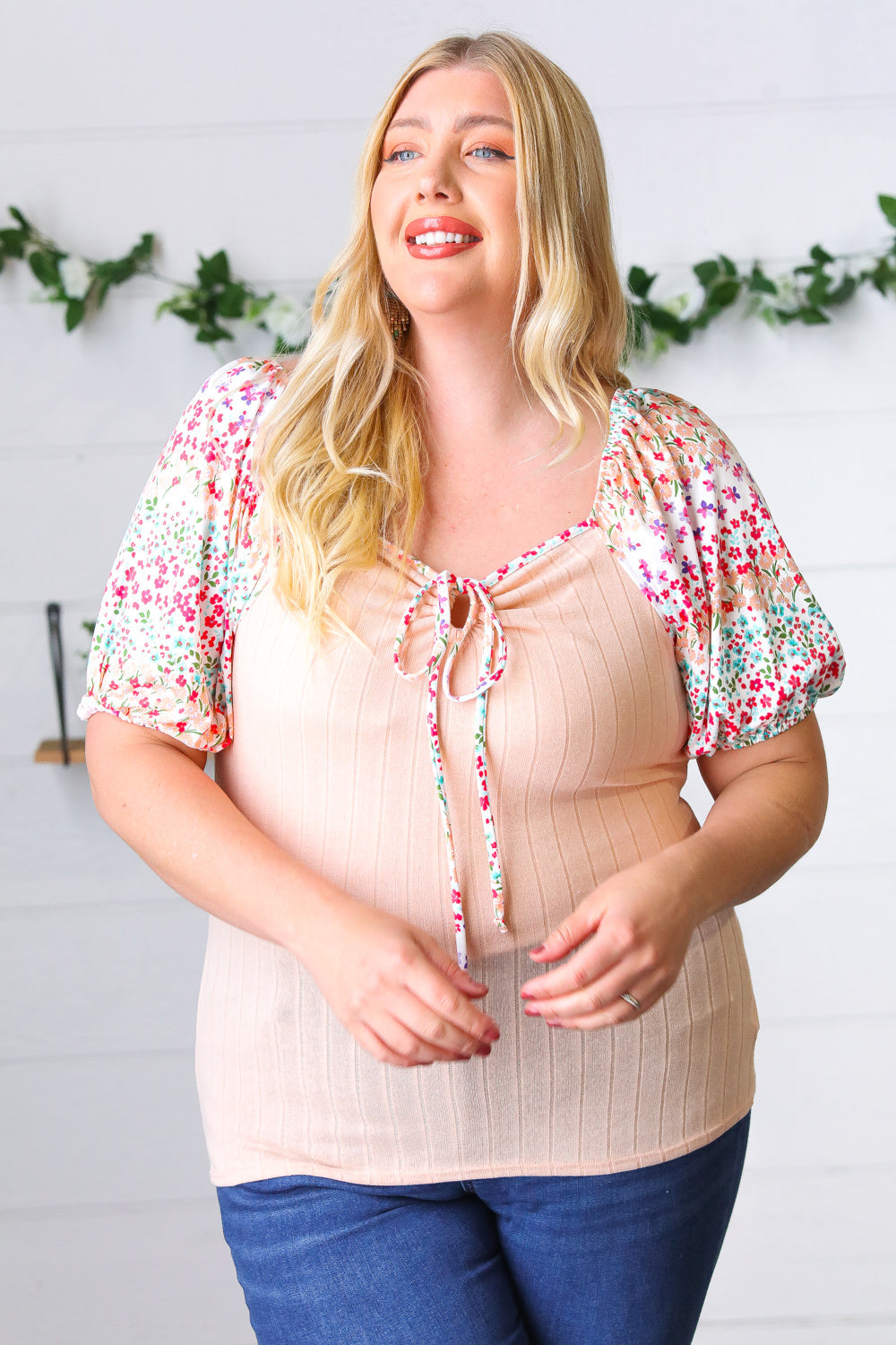 Peach &amp; Floral Tie Neck Bubble Sleeve Tops | Nikki &amp; Co. Boutique