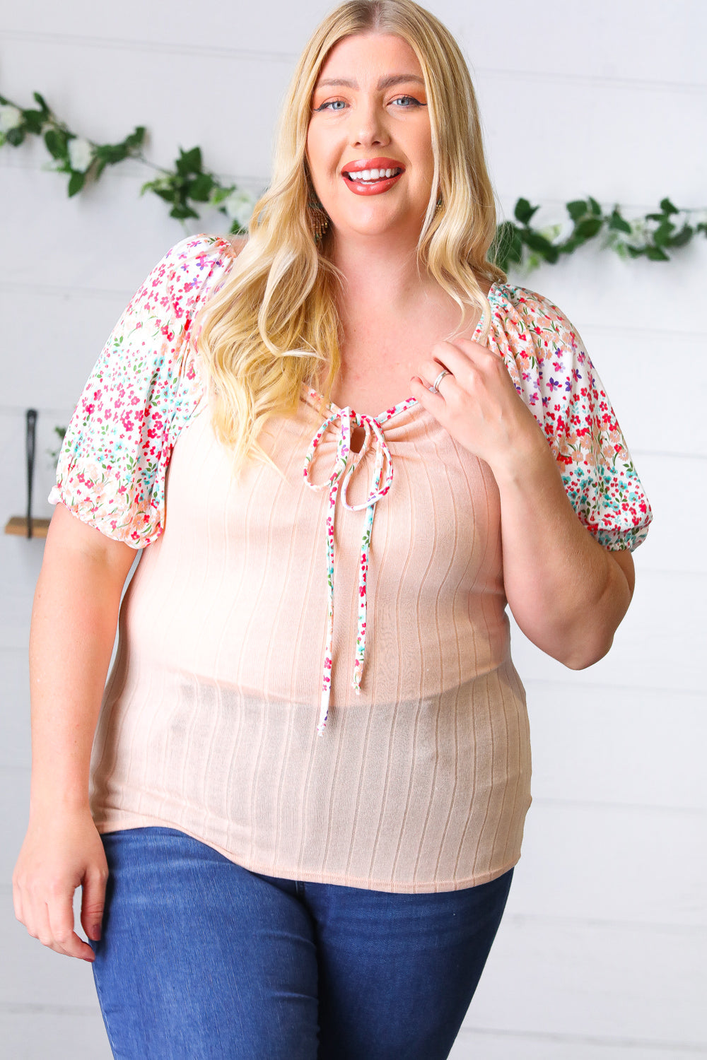 Peach &amp; Floral Tie Neck Bubble Sleeve Tops | Nikki &amp; Co. Boutique