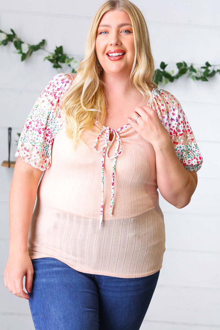 Peach &amp; Floral Tie Neck Bubble Sleeve Tops | Nikki &amp; Co. Boutique