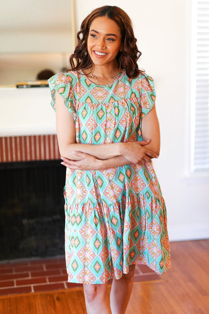 Mint Geo Boho Print Yoke Poplin Woven Dress | Nikki &amp; Co. Boutique