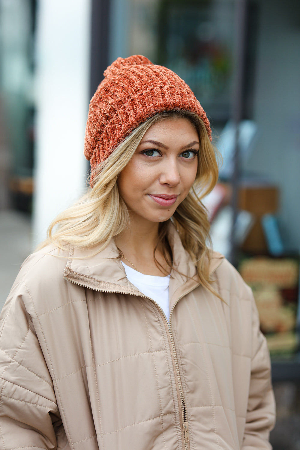 Rust Knit Velvet Chenille Fold Over Beanie | Nikki &amp; Co. Boutique
