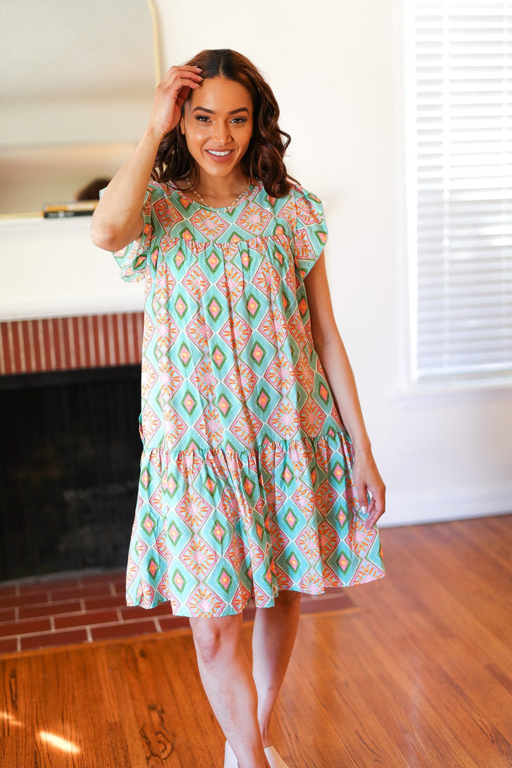 Mint Geo Boho Print Yoke Poplin Woven Dress | Nikki &amp; Co. Boutique