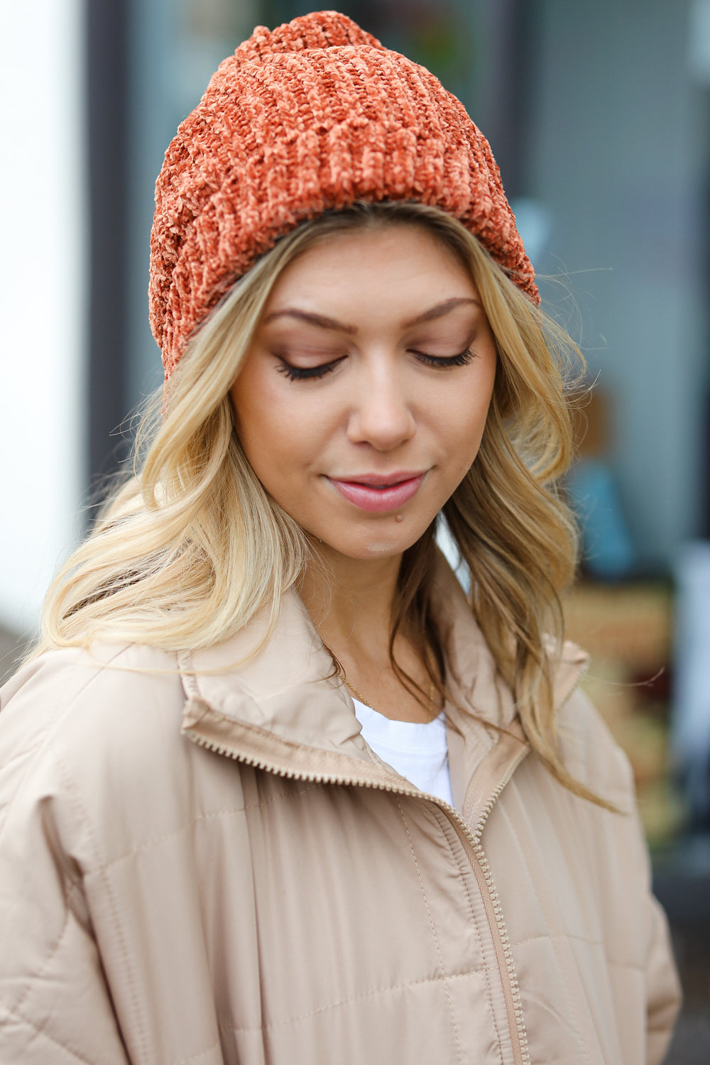 Rust Knit Velvet Chenille Fold Over Beanie | Nikki &amp; Co. Boutique