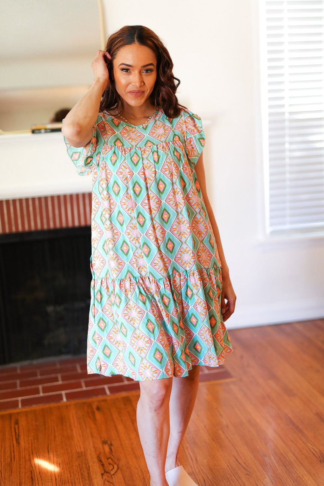 Mint Geo Boho Print Yoke Poplin Woven Dress | Nikki &amp; Co. Boutique