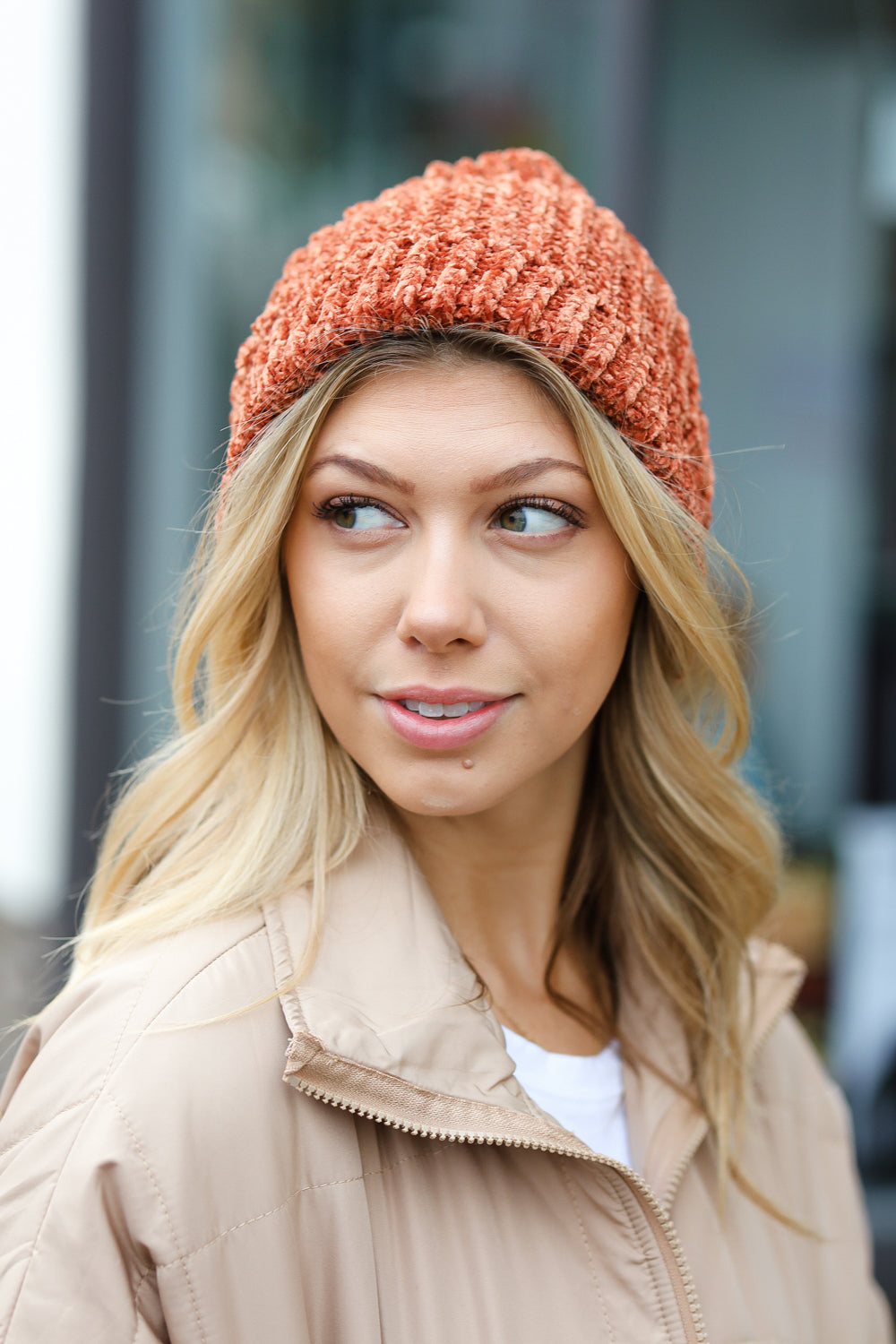 Rust Knit Velvet Chenille Fold Over Beanie | Nikki &amp; Co. Boutique