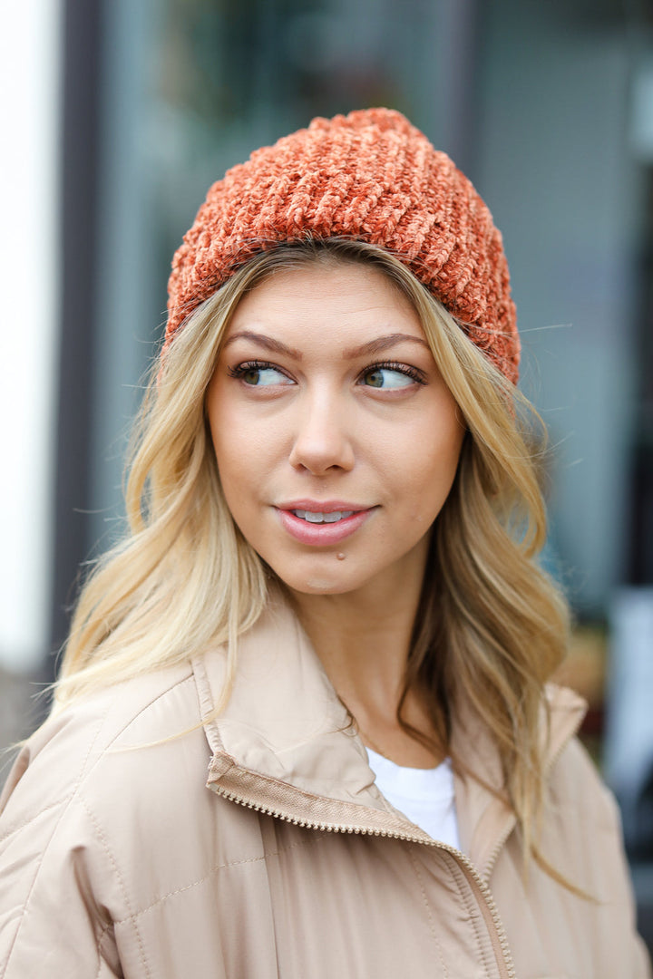Rust Knit Velvet Chenille Fold Over Beanie | Nikki &amp; Co. Boutique