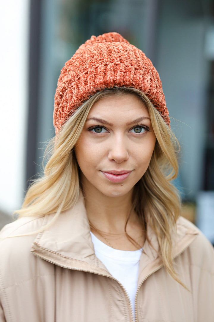 Rust Knit Velvet Chenille Fold Over Beanie | Nikki &amp; Co. Boutique