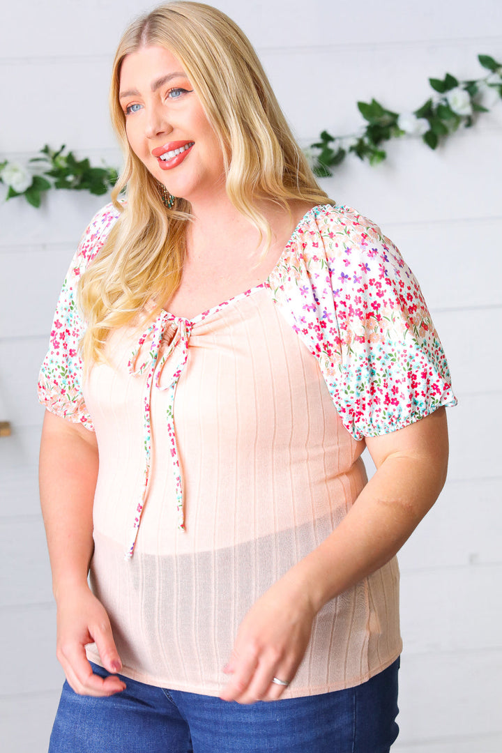 Peach &amp; Floral Tie Neck Bubble Sleeve Tops | Nikki &amp; Co. Boutique