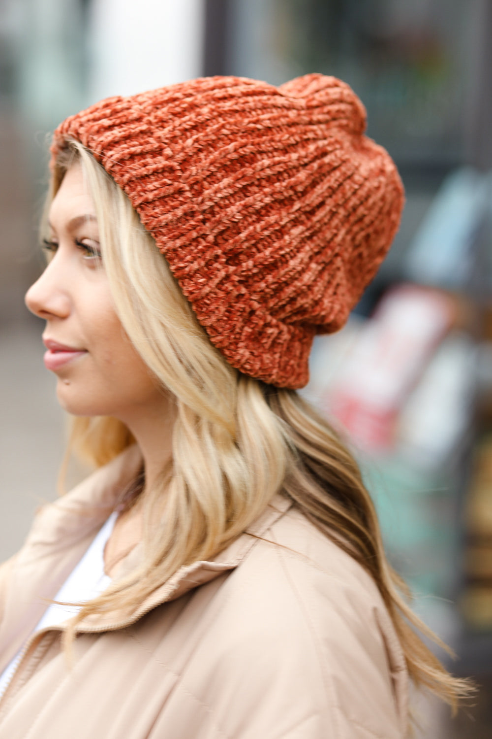 Rust Knit Velvet Chenille Fold Over Beanie | Nikki &amp; Co. Boutique