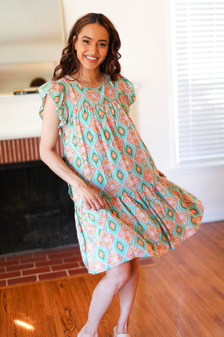 Mint Geo Boho Print Yoke Poplin Woven Dress | Nikki &amp; Co. Boutique