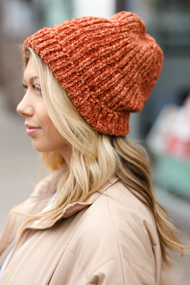 Rust Knit Velvet Chenille Fold Over Beanie | Nikki &amp; Co. Boutique