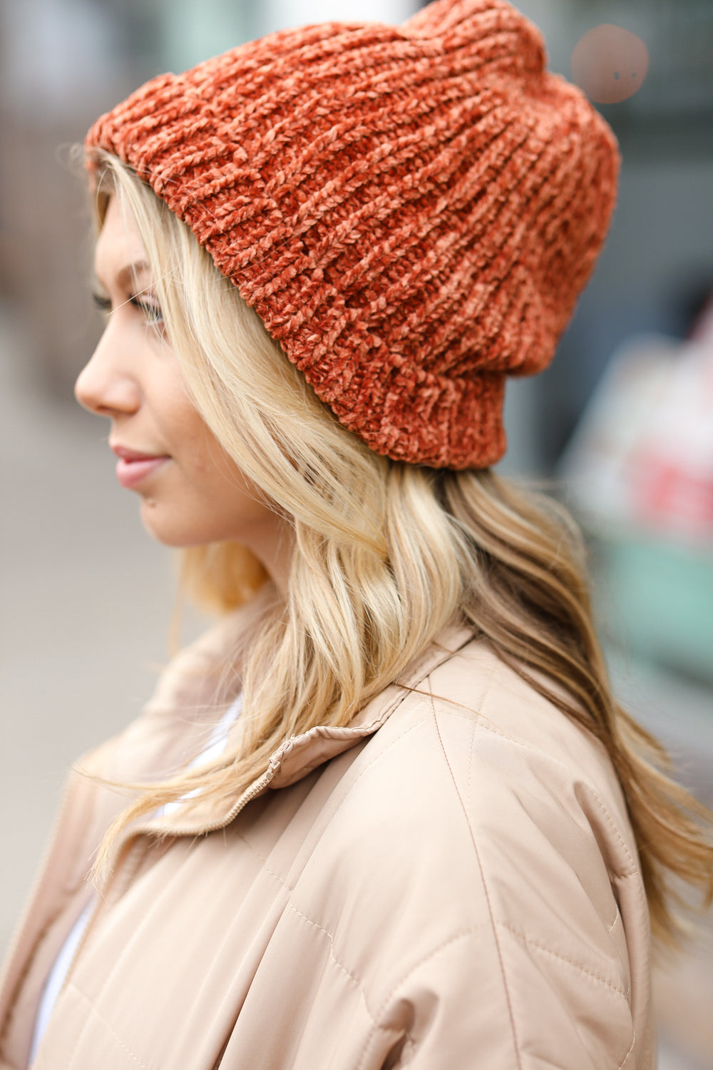 Rust Knit Velvet Chenille Fold Over Beanie | Nikki &amp; Co. Boutique