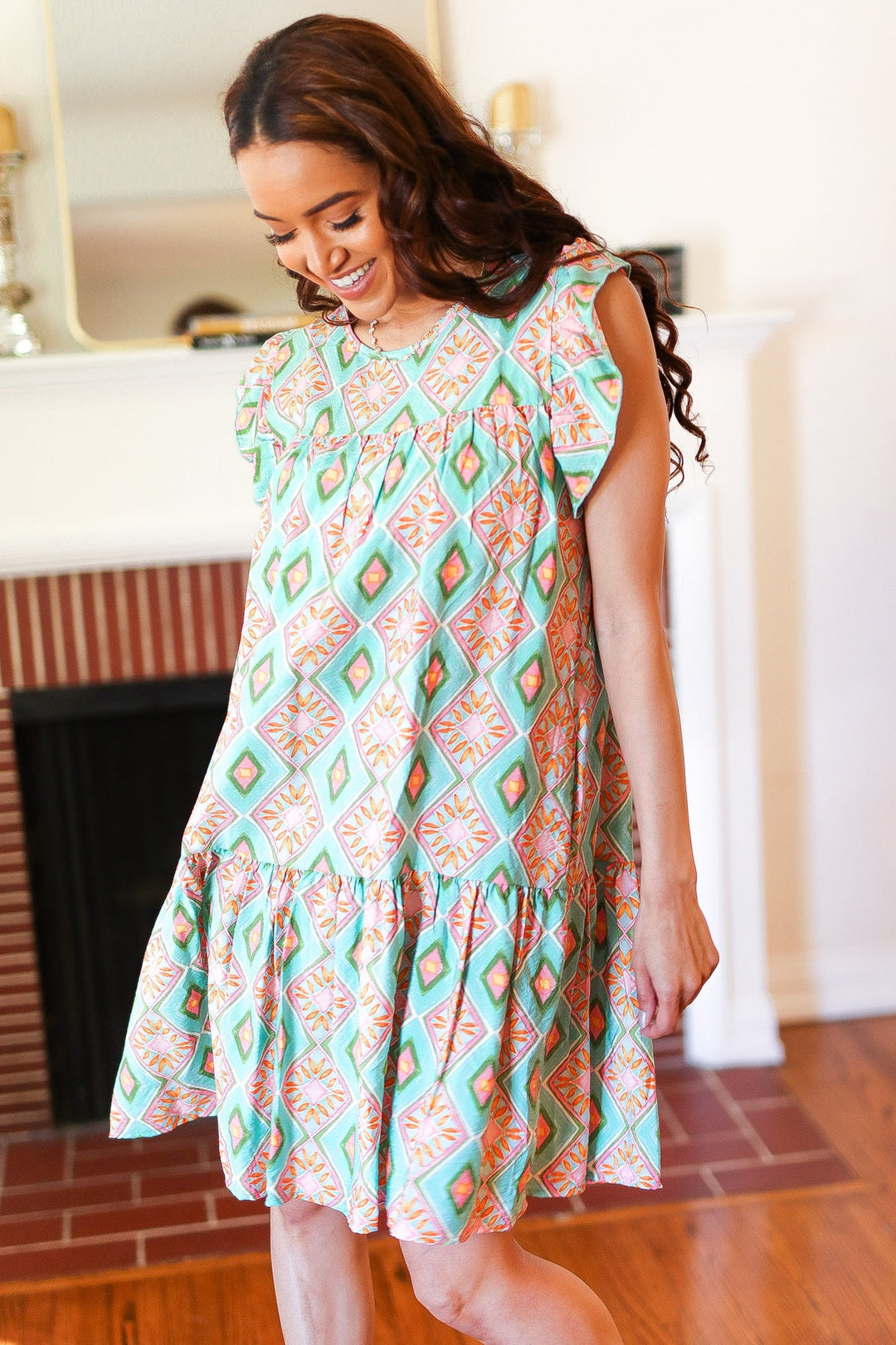 Mint Geo Boho Print Yoke Poplin Woven Dress | Nikki &amp; Co. Boutique