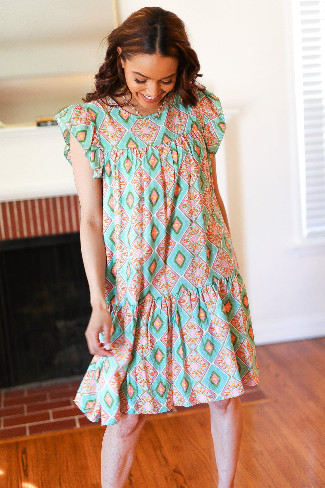 Mint Geo Boho Print Yoke Poplin Woven Dress | Nikki &amp; Co. Boutique