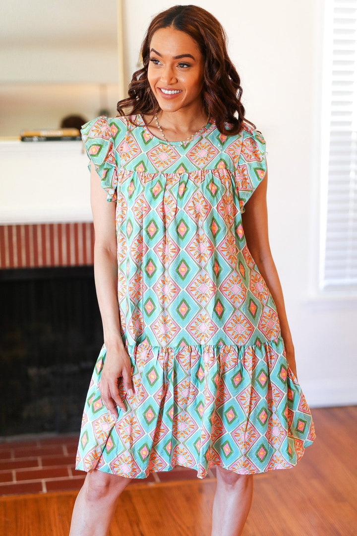 Mint Geo Boho Print Yoke Poplin Woven Dress | Nikki &amp; Co. Boutique