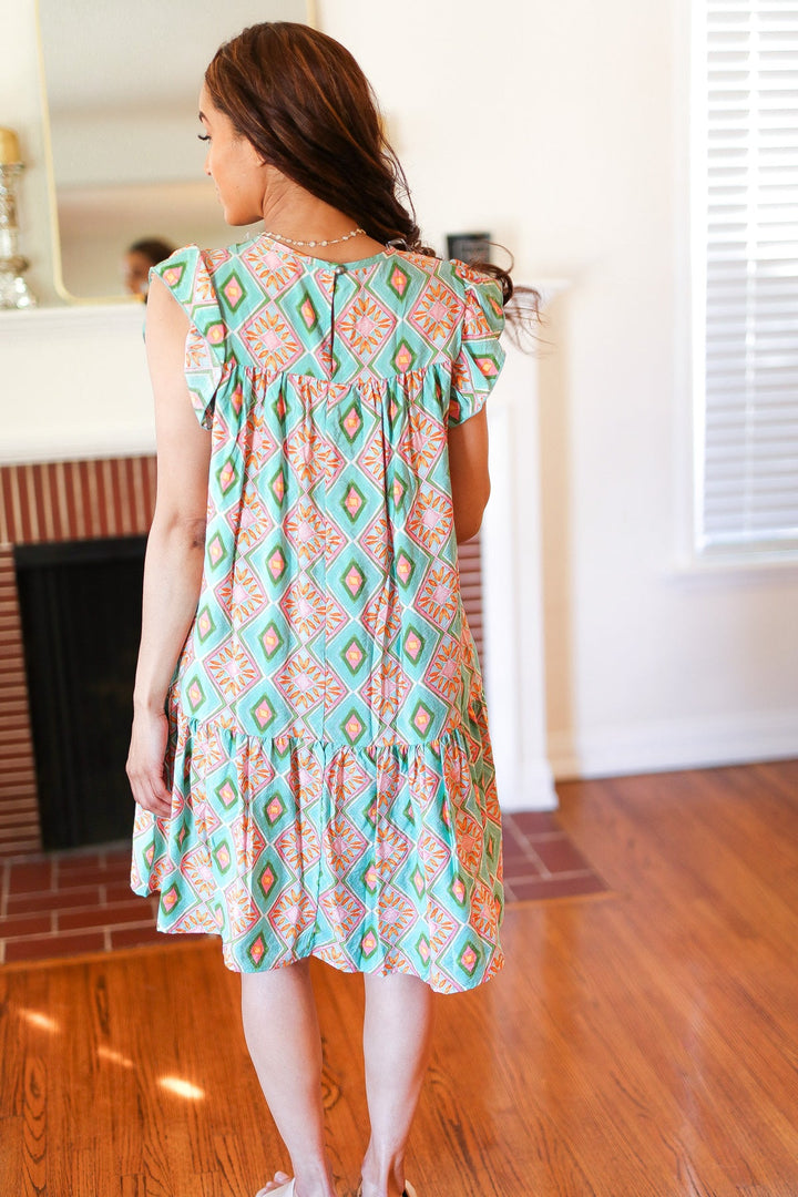 Mint Geo Boho Print Yoke Poplin Woven Dress | Nikki &amp; Co. Boutique