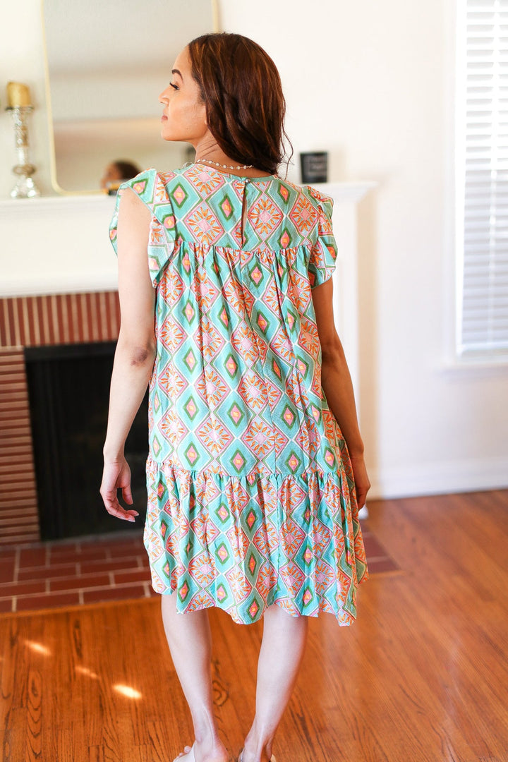 Mint Geo Boho Print Yoke Poplin Woven Dress | Nikki &amp; Co. Boutique