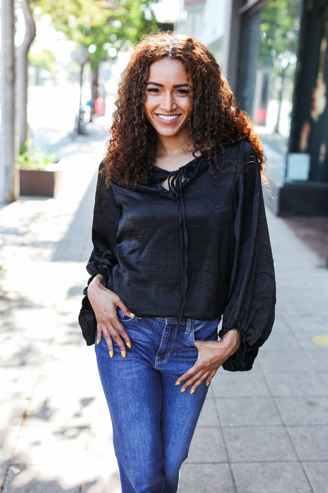 Live For Today Black Woven Front Tie Silky Blouse | Nikki &amp; Co. Boutique