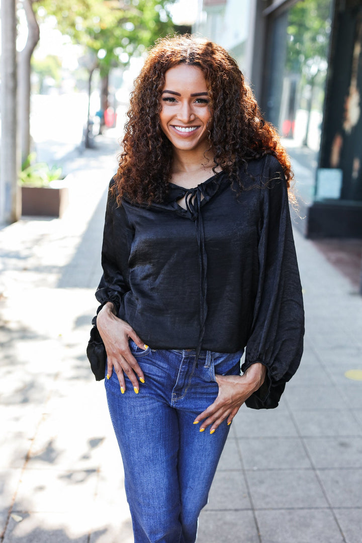 Live For Today Black Woven Front Tie Silky Blouse | Nikki &amp; Co. Boutique