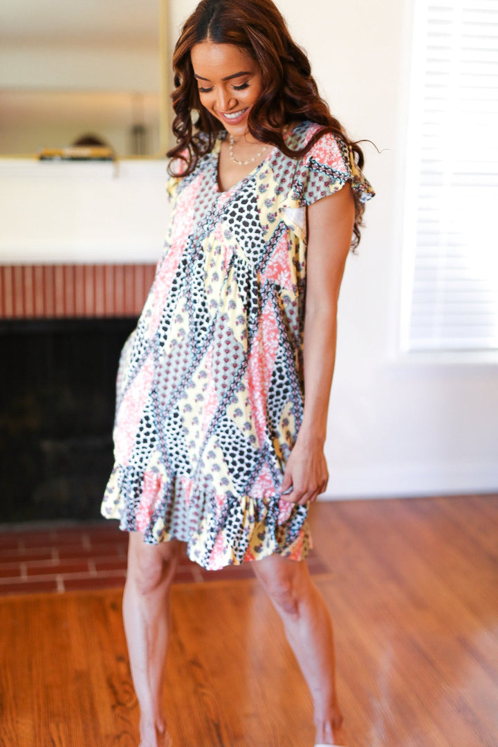 Casual Living Yellow &amp; Coral Patchwork Babydoll Flutter Sleeve Dress | Nikki &amp; Co. Boutique