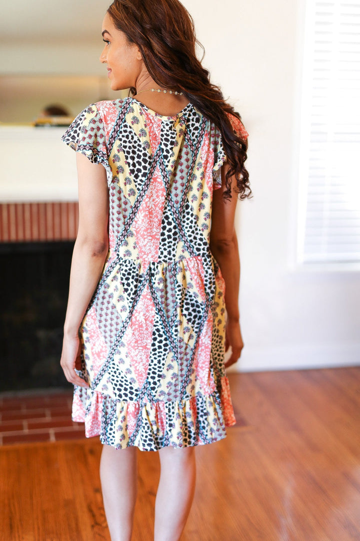 Casual Living Yellow &amp; Coral Patchwork Babydoll Flutter Sleeve Dress | Nikki &amp; Co. Boutique