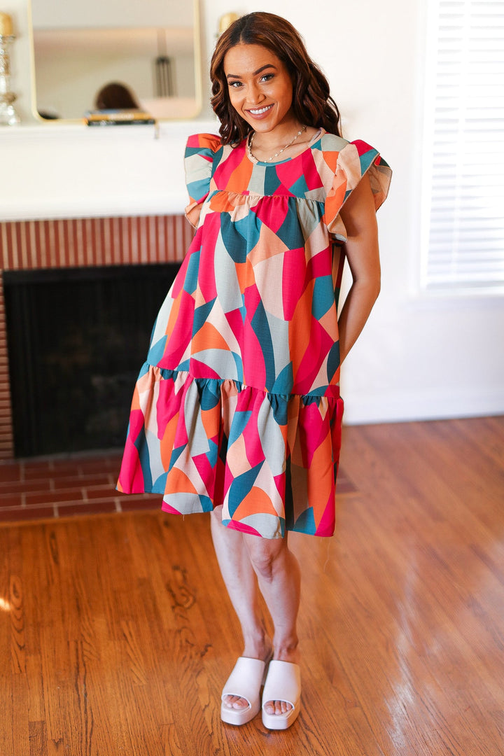 Stand Out Magenta &amp; Teal Geometric Yoke Woven Dress | Nikki &amp; Co. Boutique