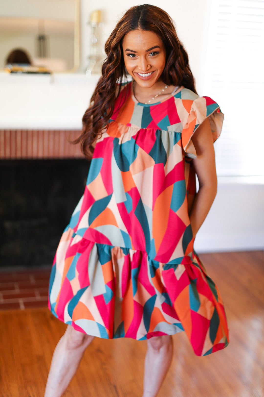 Stand Out Magenta &amp; Teal Geometric Yoke Woven Dress | Nikki &amp; Co. Boutique