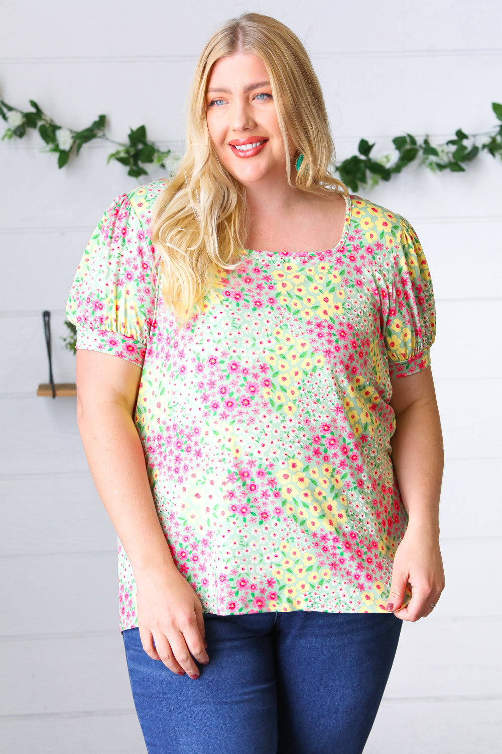 Canary/Mint Floral Square Neck Bubble Sleeve Tops | Nikki &amp; Co. Boutique