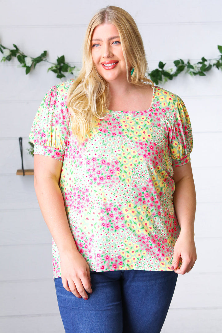 Canary/Mint Floral Square Neck Bubble Sleeve Tops | Nikki &amp; Co. Boutique