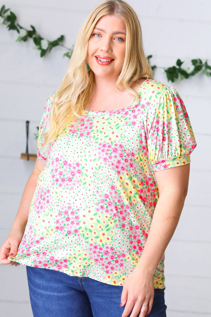 Canary/Mint Floral Square Neck Bubble Sleeve Tops | Nikki &amp; Co. Boutique