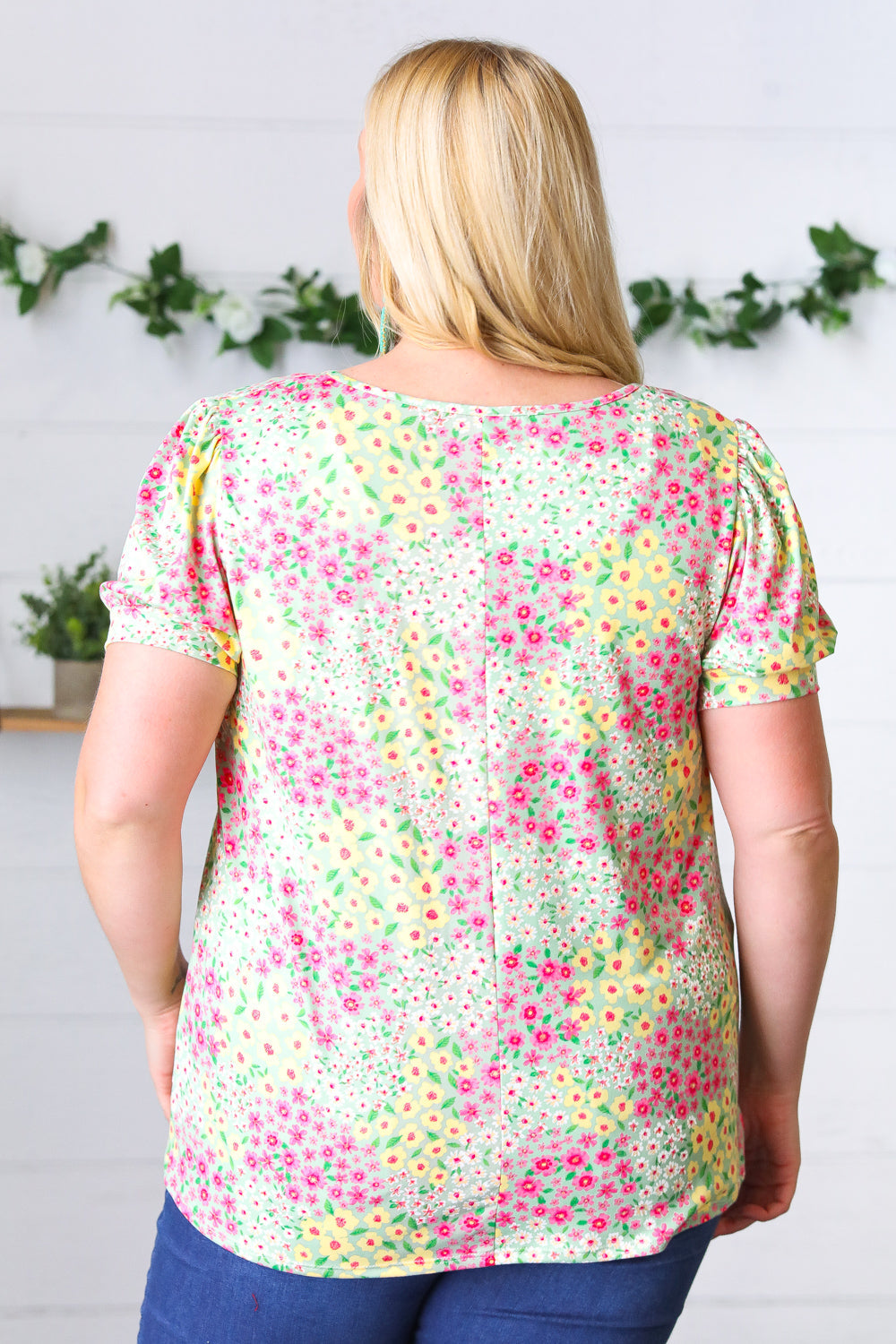 Canary/Mint Floral Square Neck Bubble Sleeve Tops | Nikki &amp; Co. Boutique
