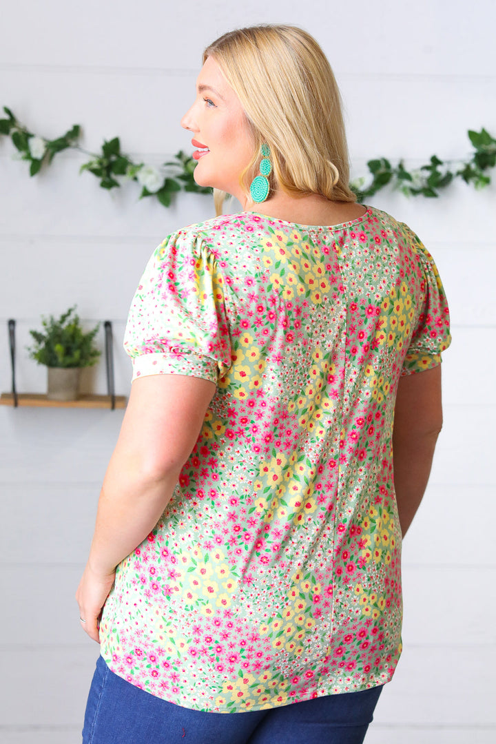 Canary/Mint Floral Square Neck Bubble Sleeve Tops | Nikki &amp; Co. Boutique
