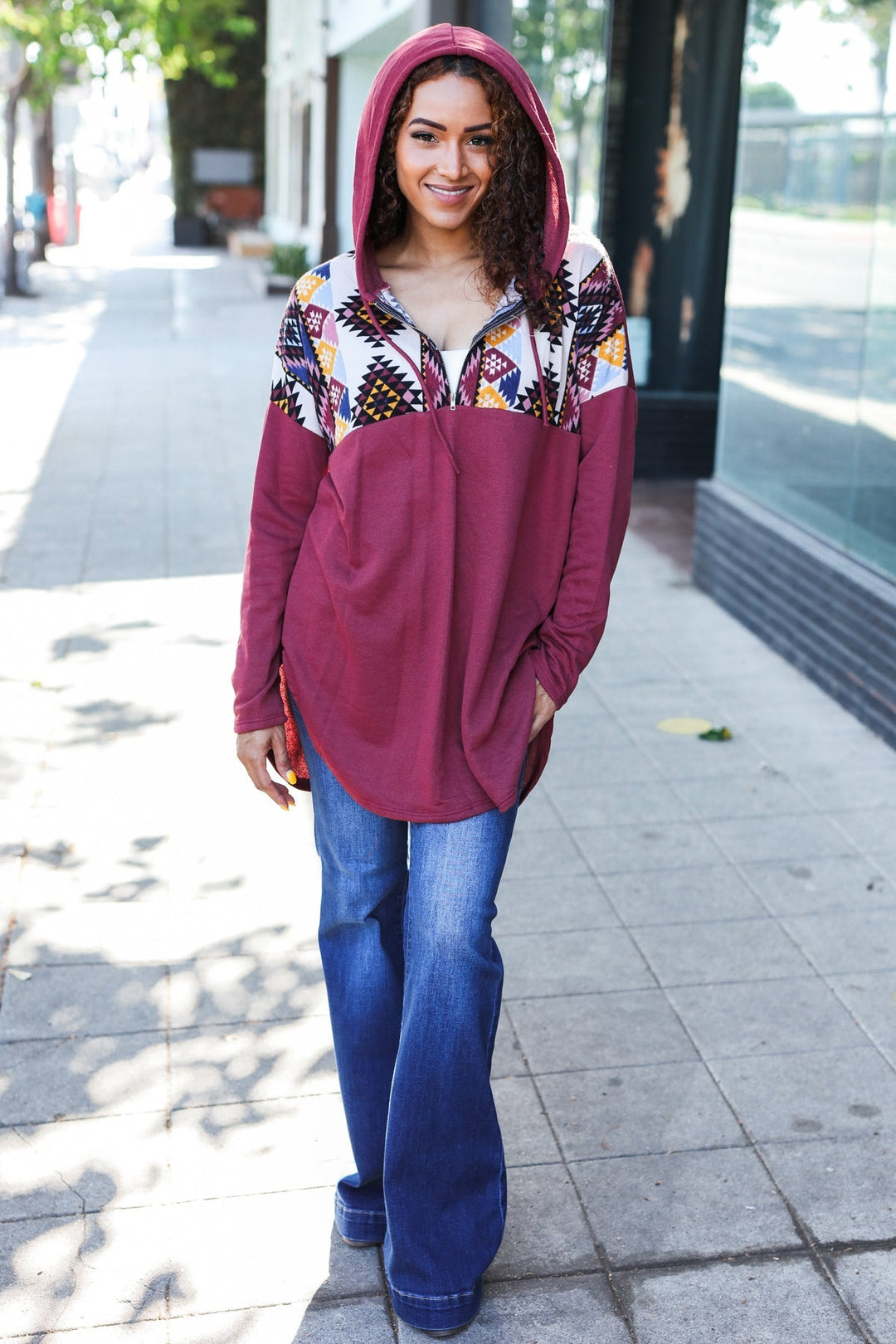 Stand Out Burgundy Tribal Print Half Zip Longline Hoodie | Nikki &amp; Co. Boutique