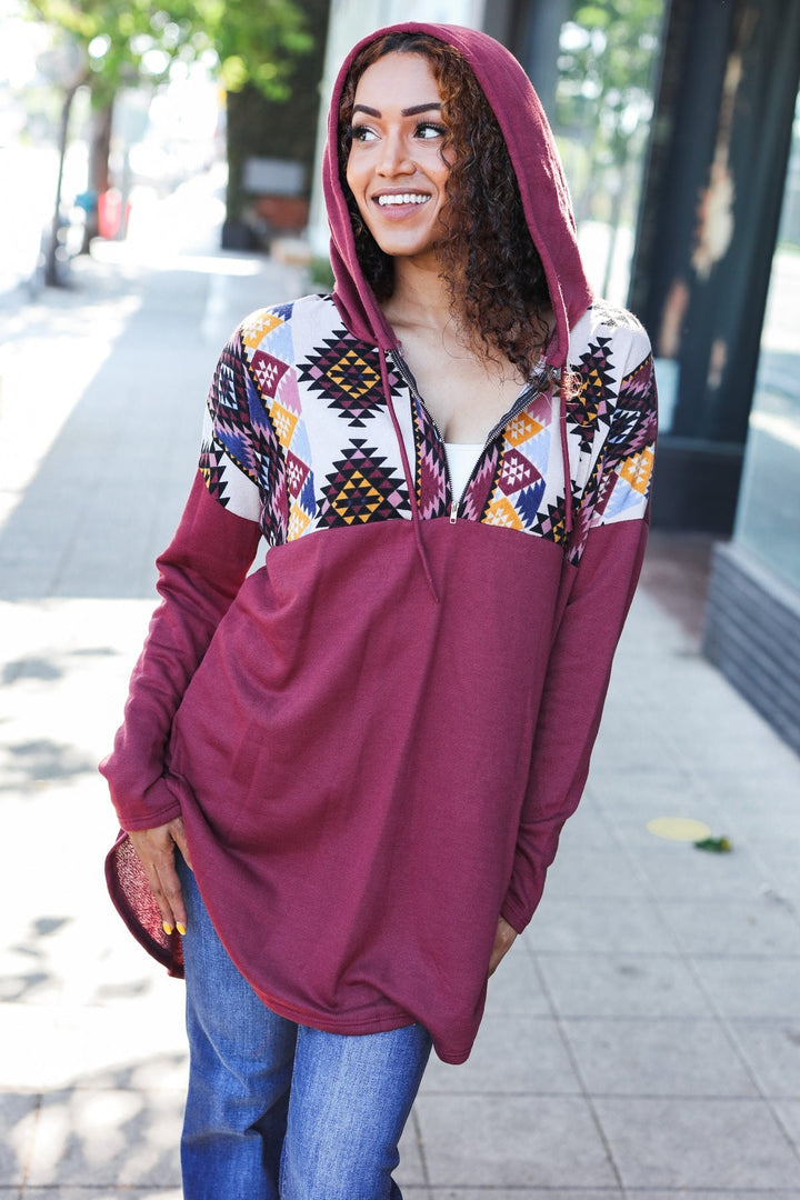 Stand Out Burgundy Tribal Print Half Zip Longline Hoodie | Nikki &amp; Co. Boutique