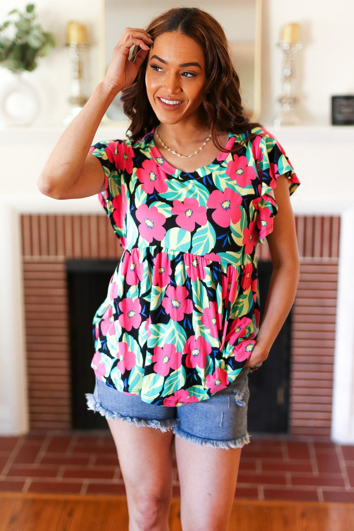 Black &amp; Pink Floral Ruffle Shorts Sleeve Babydoll Tops | Nikki &amp; Co. Boutique