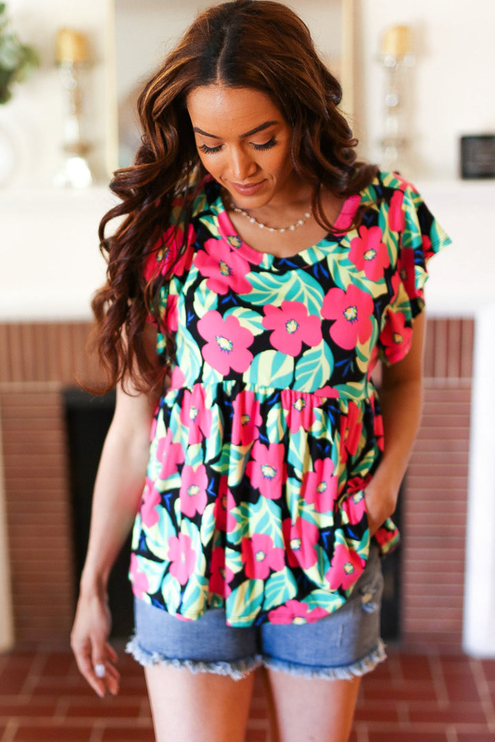 Black &amp; Pink Floral Ruffle Shorts Sleeve Babydoll Tops | Nikki &amp; Co. Boutique