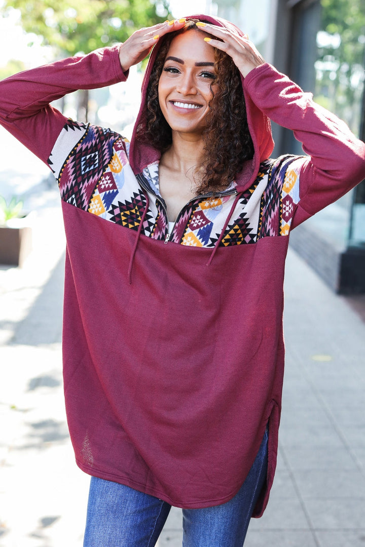 Stand Out Burgundy Tribal Print Half Zip Longline Hoodie | Nikki &amp; Co. Boutique