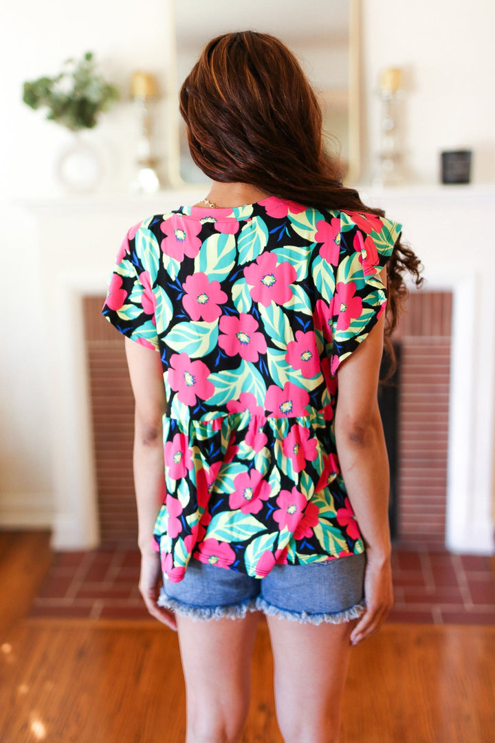 Black &amp; Pink Floral Ruffle Shorts Sleeve Babydoll Tops | Nikki &amp; Co. Boutique