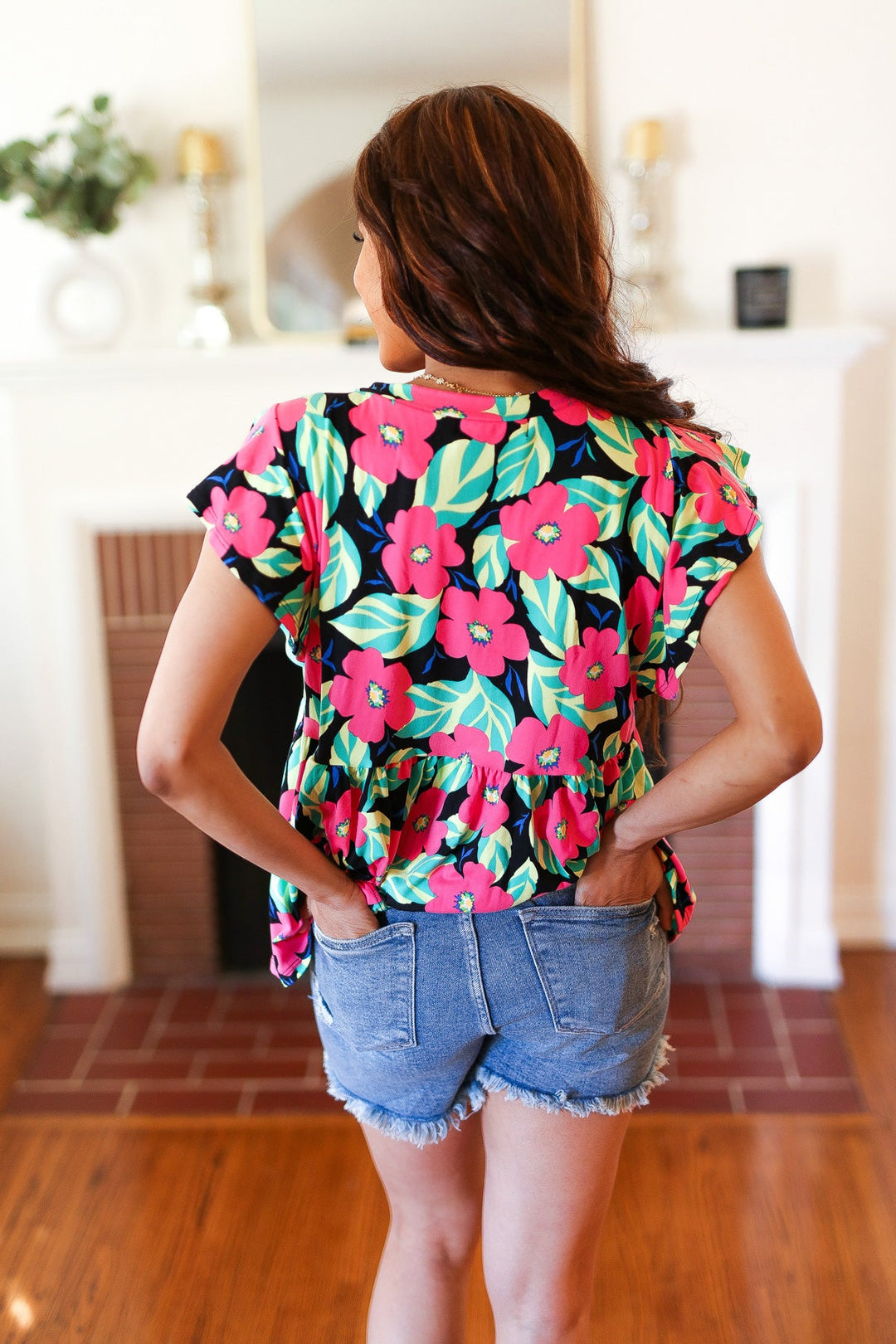 Black &amp; Pink Floral Ruffle Shorts Sleeve Babydoll Tops | Nikki &amp; Co. Boutique