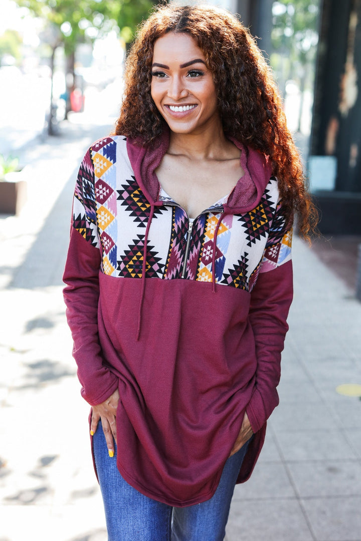 Stand Out Burgundy Tribal Print Half Zip Longline Hoodie | Nikki &amp; Co. Boutique