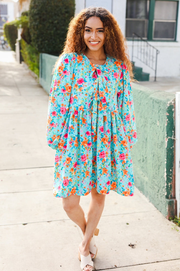 Feeling Femme Aqua Floral Ribbon Bow Tie Babydoll Dress | Nikki &amp; Co. Boutique