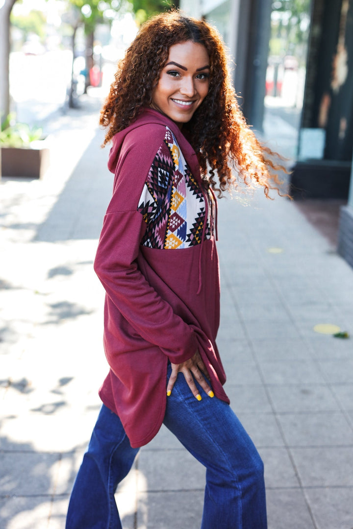 Stand Out Burgundy Tribal Print Half Zip Longline Hoodie | Nikki &amp; Co. Boutique