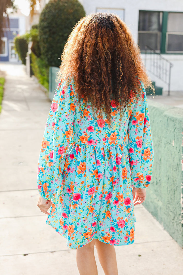Feeling Femme Aqua Floral Ribbon Bow Tie Babydoll Dress | Nikki &amp; Co. Boutique