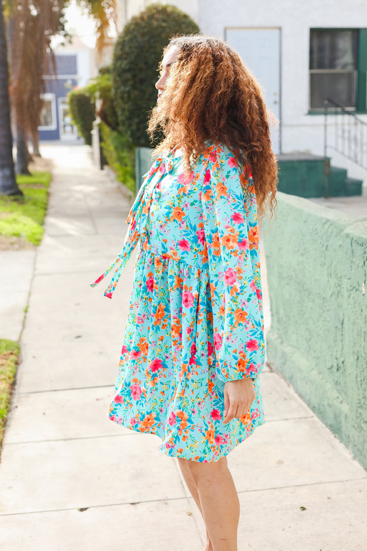 Feeling Femme Aqua Floral Ribbon Bow Tie Babydoll Dress | Nikki &amp; Co. Boutique