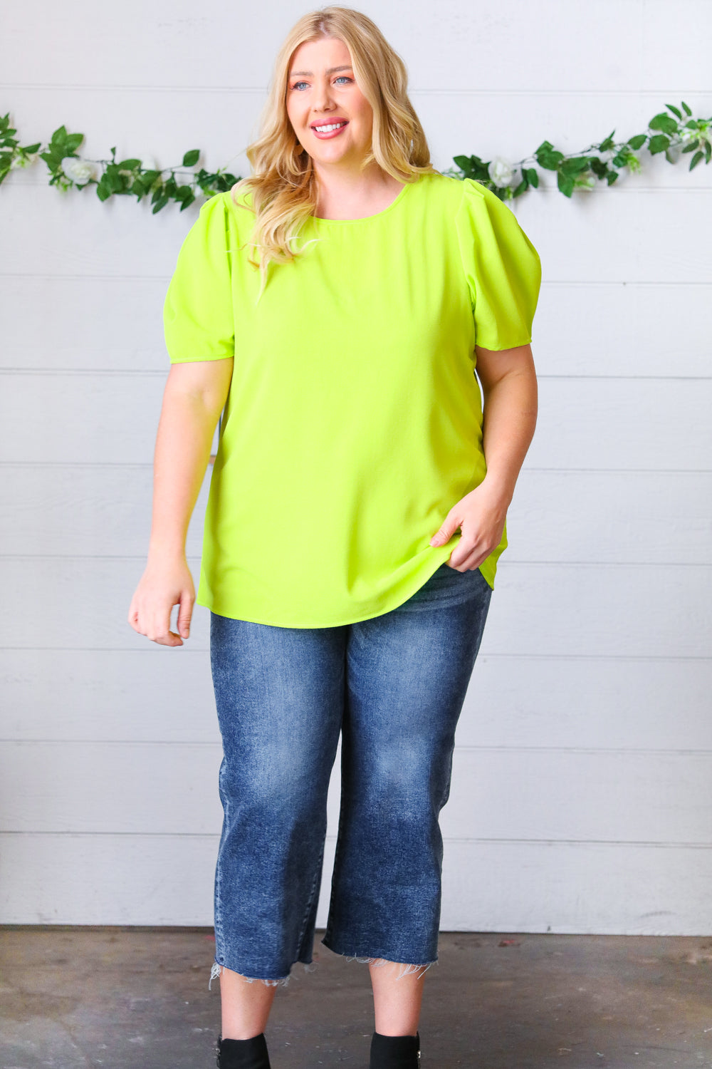 Neon Green Round Neck Puff Sleeve Crepe Tops | Nikki &amp; Co. Boutique