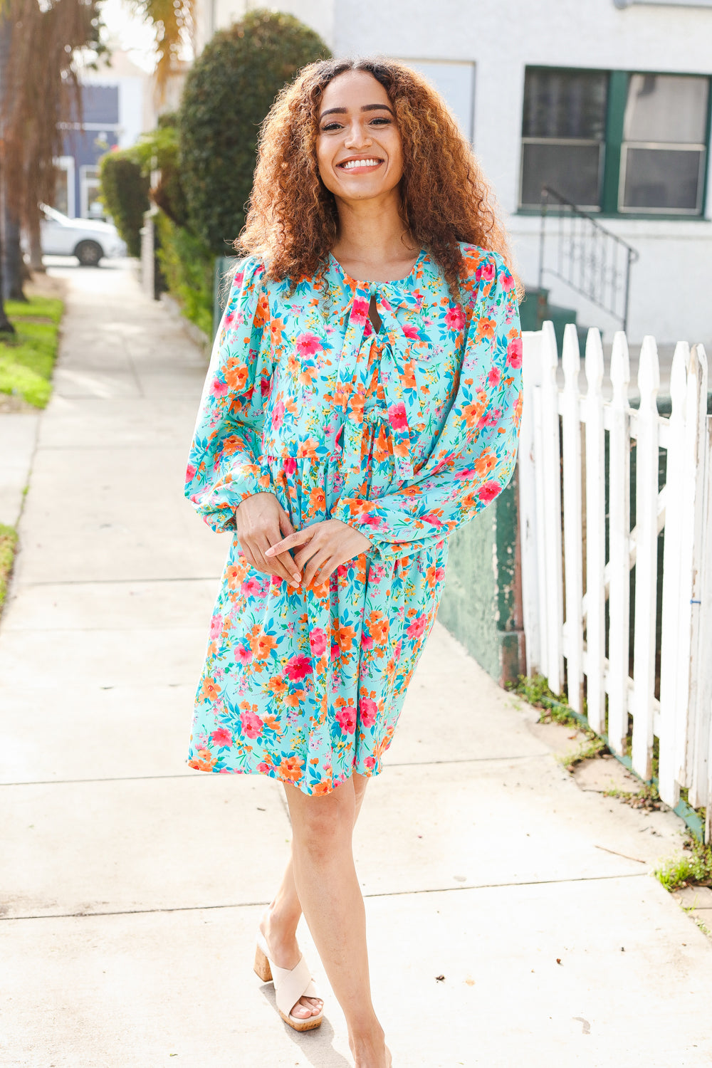 Feeling Femme Aqua Floral Ribbon Bow Tie Babydoll Dress | Nikki &amp; Co. Boutique