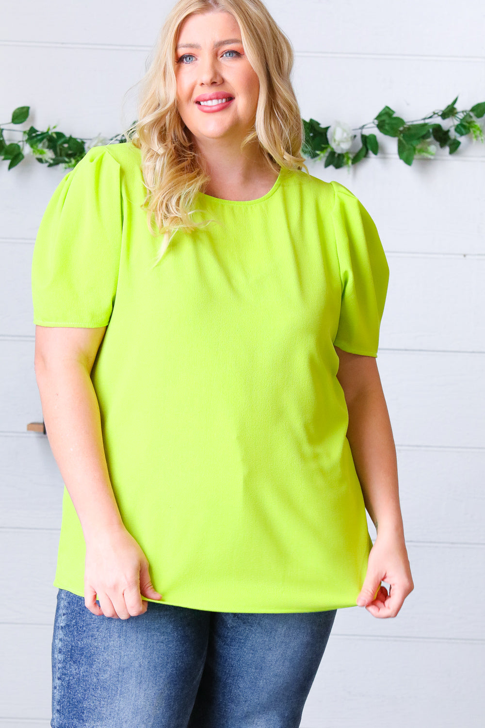 Neon Green Round Neck Puff Sleeve Crepe Tops | Nikki &amp; Co. Boutique
