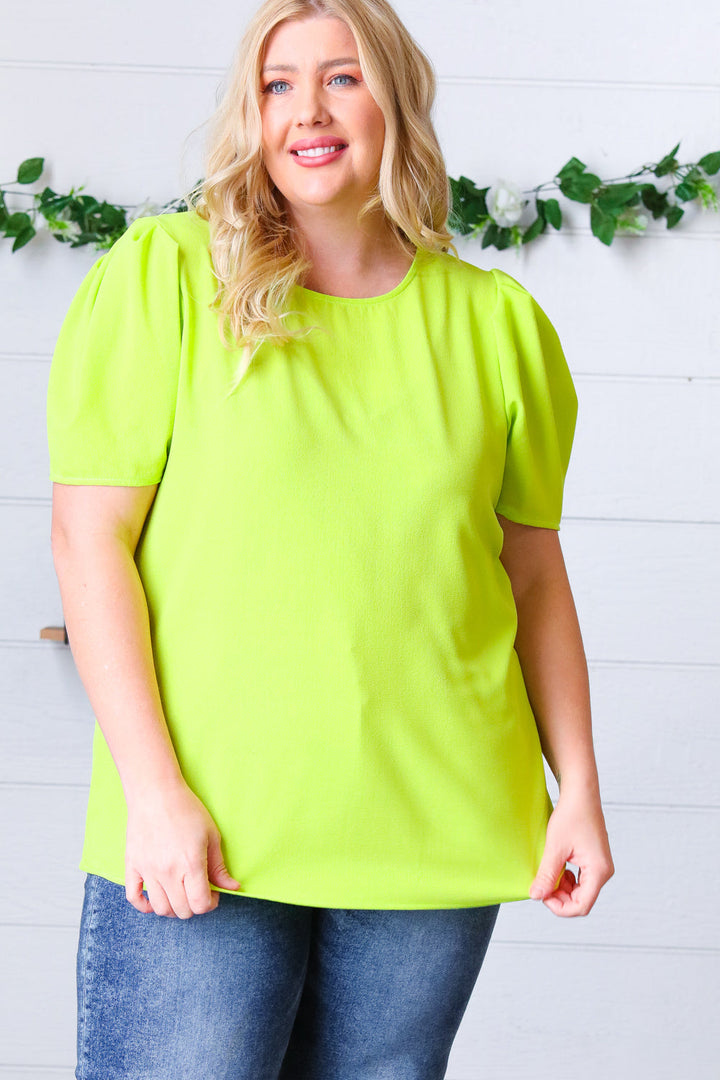 Neon Green Round Neck Puff Sleeve Crepe Tops | Nikki &amp; Co. Boutique